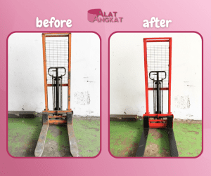 Hasil sebelum dan setelah service hand stacker di Alat Angkat, gratis pengecatan unit, unit tampil seperti baru lagi