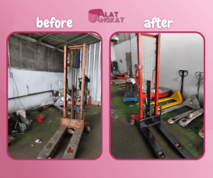Before after service hand stacker di Alat Angkat menunjukkan perbaikan fungsi dan tampilan unit